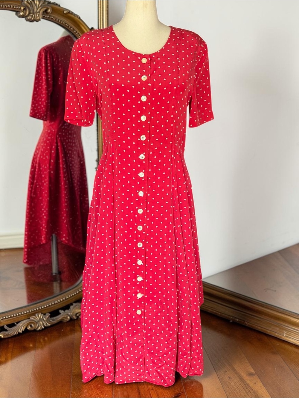 Vintage Pin up Style Polka Dot Midi Dress Red White Button Front Rayon Sz 8 EUC